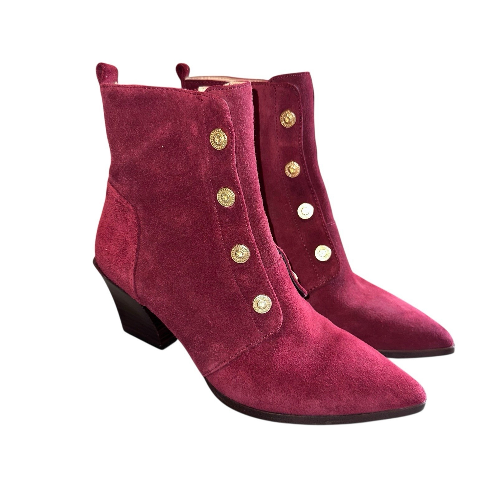 Nine West Nwellsworth Ankle Boots 7.5m Burgundy Suede Gold Button Pointed Toe